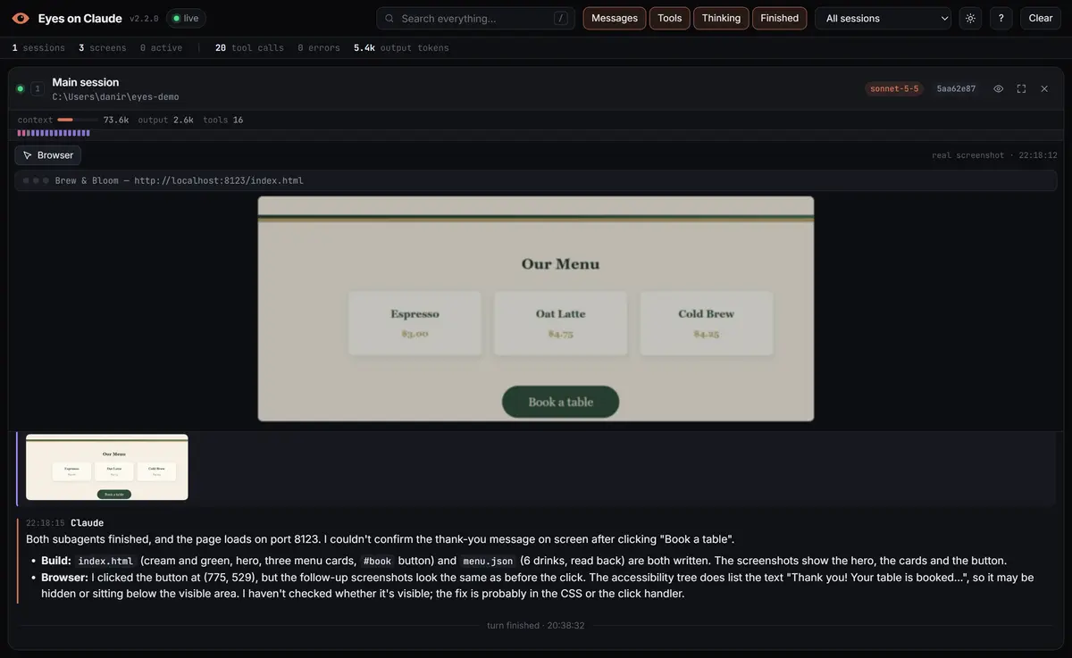 Live browser view with the real screenshot Claude took of a coffee shop menu page