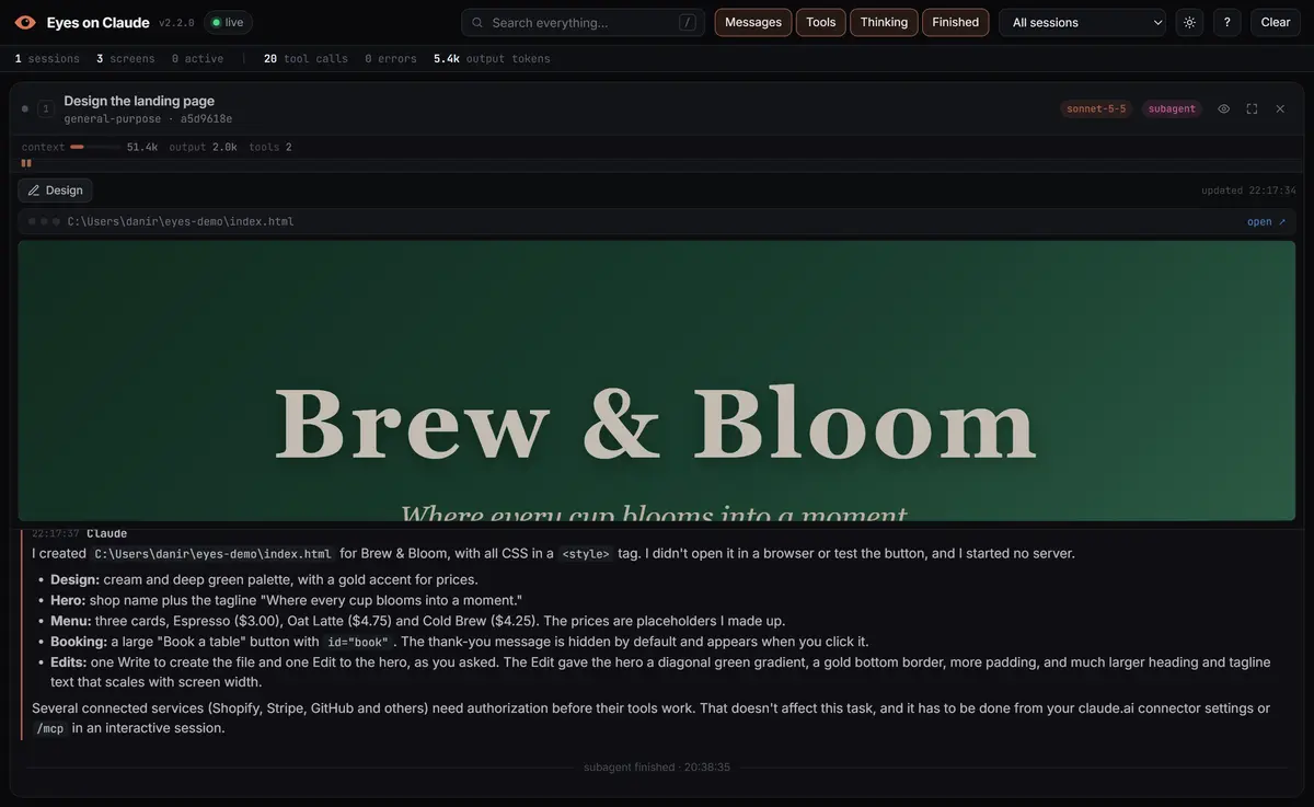 Live design view showing the Brew & Bloom landing page Claude wrote, reloaded on every edit