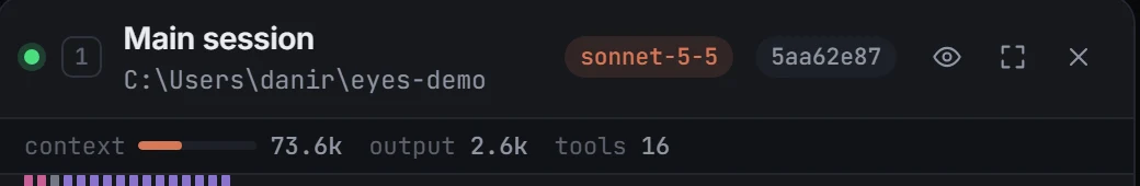 Screen header showing the model tag, a context meter at 73.6k tokens, 2.6k output tokens and 16 tool calls