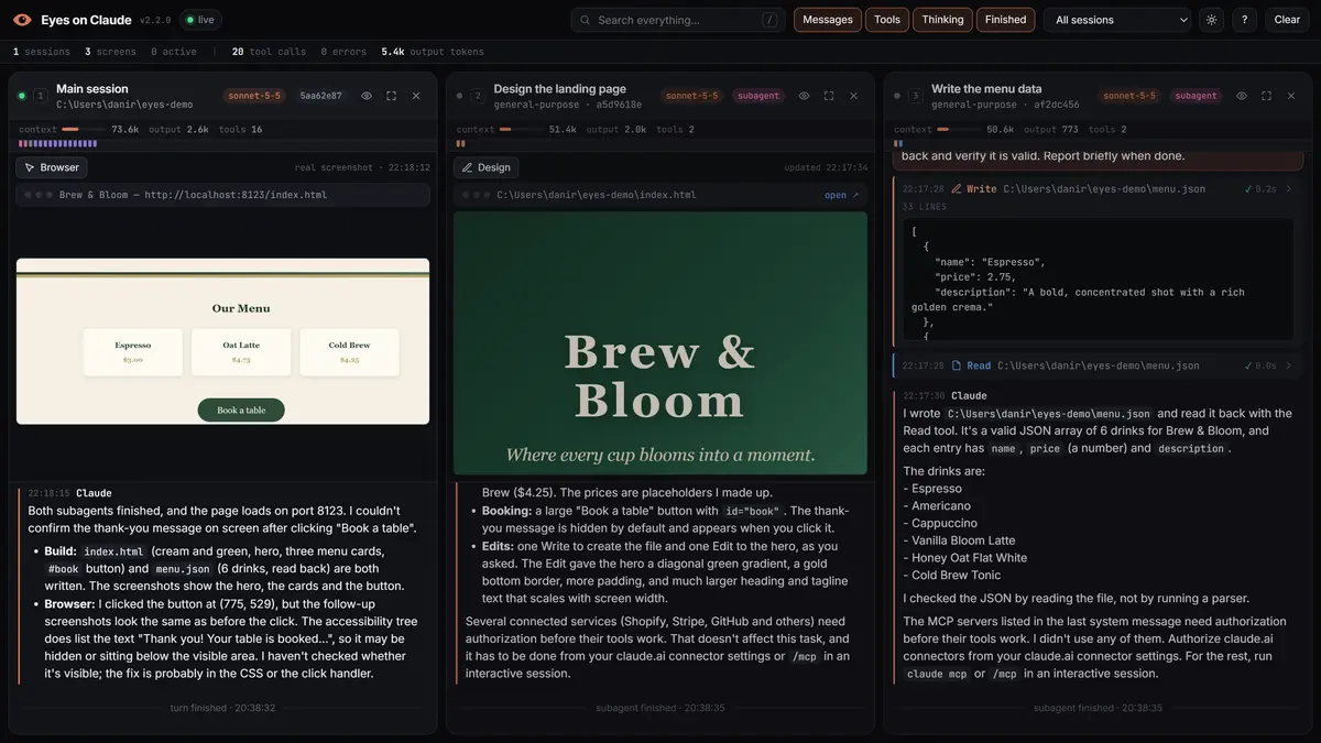 Eyes on Claude showing the main session and two parallel subagents, each on its own screen, with a live browser screenshot and a live design preview