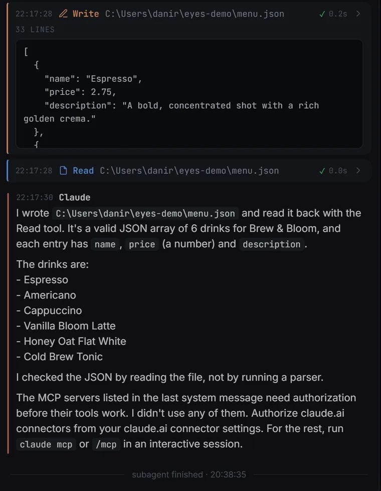 A subagent screen showing its Write call with the real file content and a Read call, each with timing and a check mark